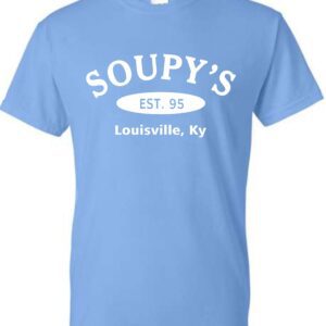 Blue t-shirt with Soupy's logo.