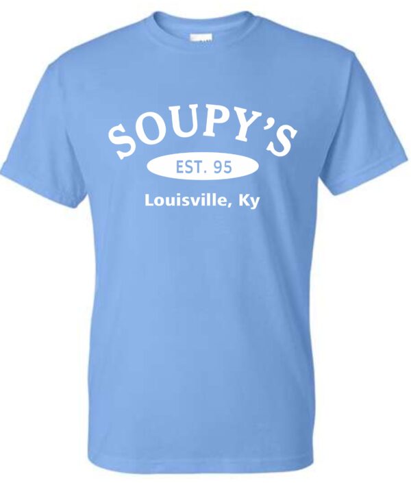 Blue t-shirt with Soupy's logo.