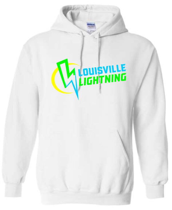 White hoodie with Louisville Lightning logo.