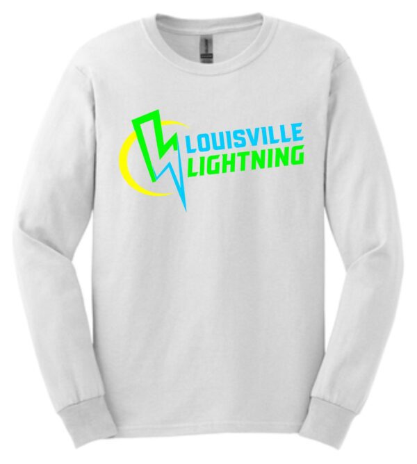 White long-sleeve shirt with Louisville Lightning logo.