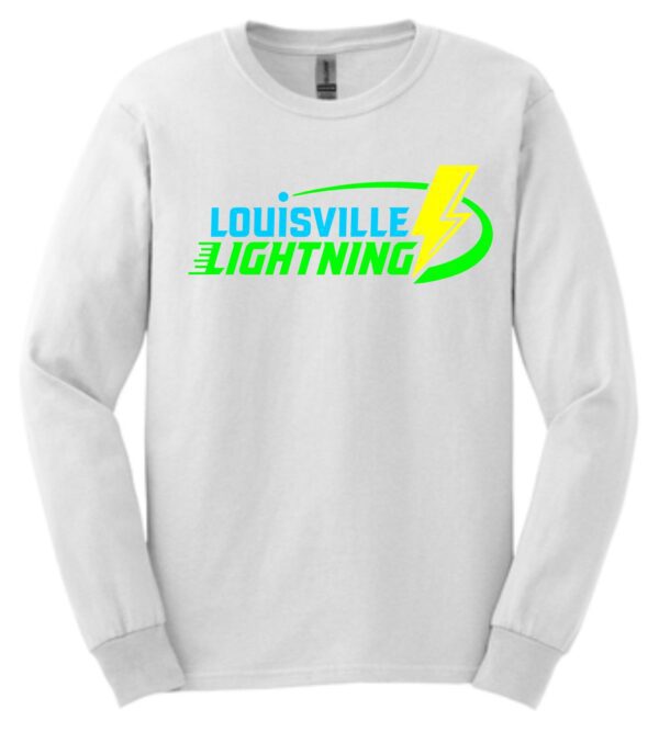 White long-sleeve shirt with Louisville Lightning logo.