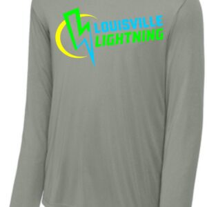 Gray long-sleeve shirt with Louisville Lightning logo.