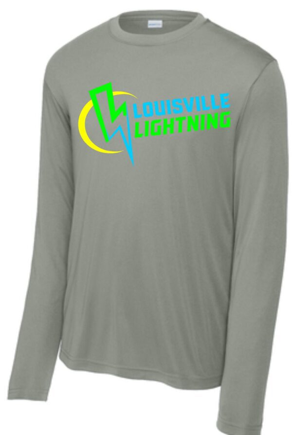 Gray long-sleeve shirt with Louisville Lightning logo.