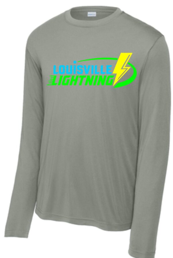 Gray long-sleeve shirt with Louisville Lightning logo.