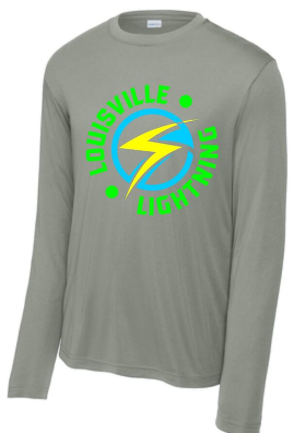 Gray long sleeve shirt with Louisville Lightning logo.