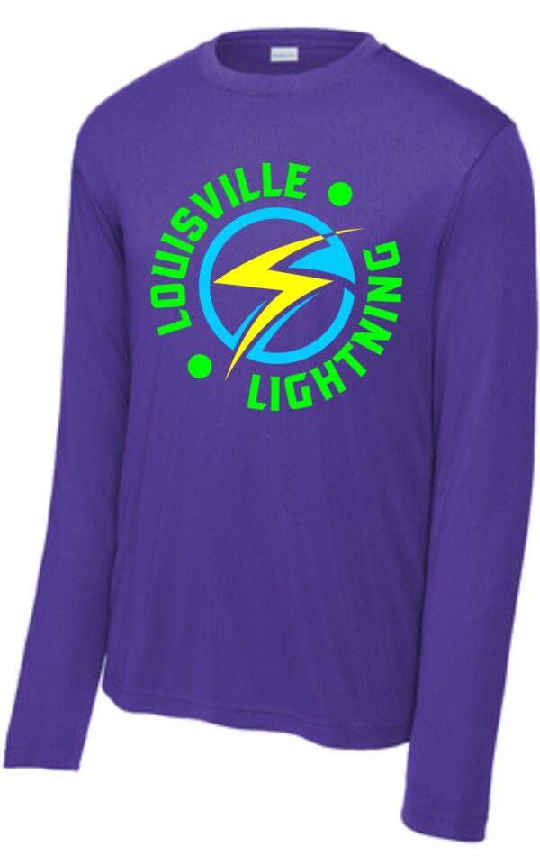 Purple long-sleeve shirt with Louisville Lightning logo.