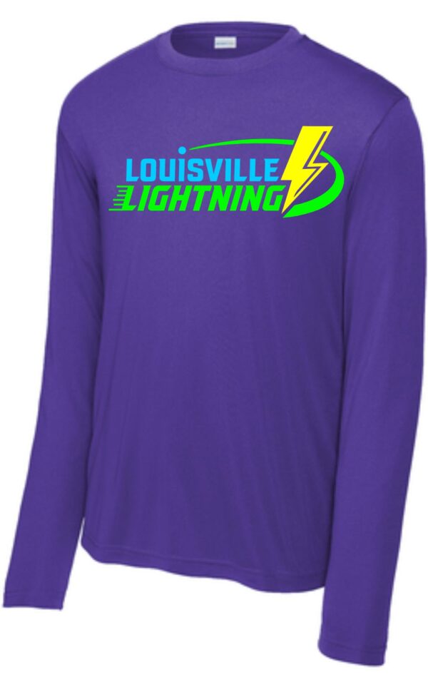 Purple long-sleeve shirt with Louisville Lightning logo.