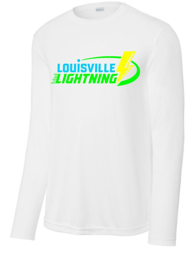 White long-sleeve shirt with Louisville Lightning logo.