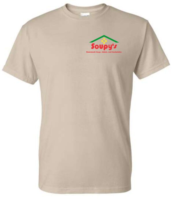 Tan T-shirt with Soupy's logo.