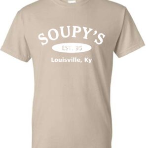 Tan t-shirt with Soupy's logo.