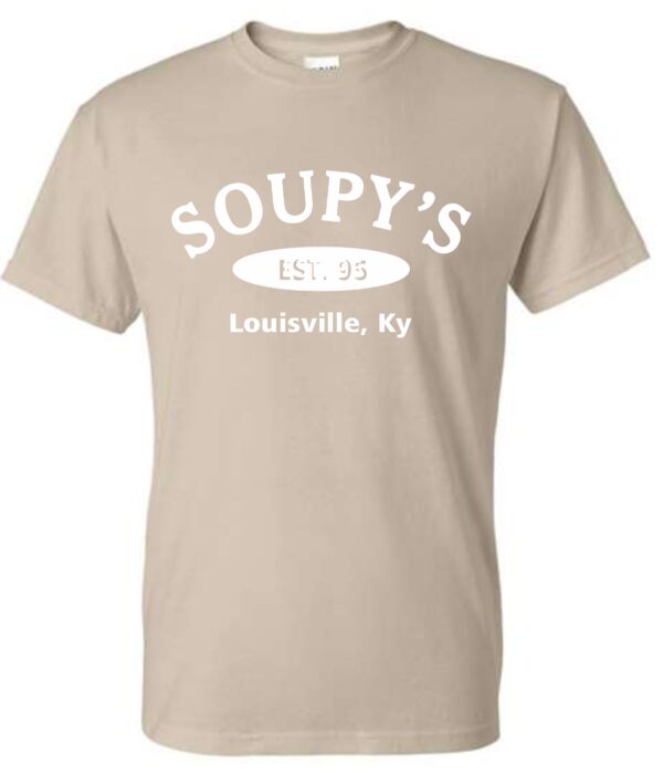 Tan t-shirt with Soupy's logo.