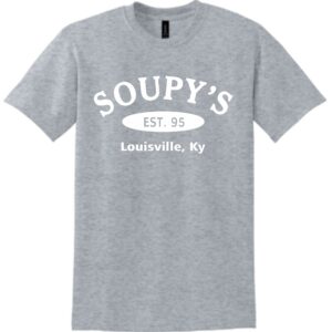 Gray t-shirt with "Soupy's" logo.