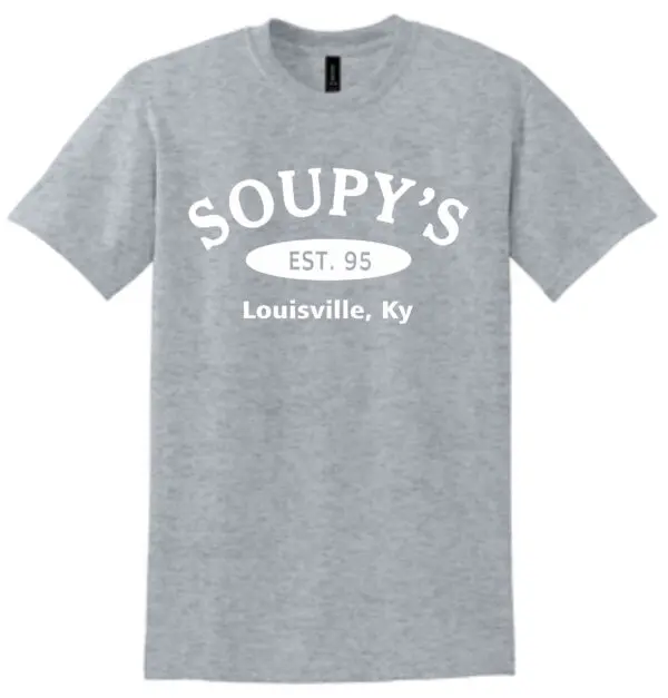 Gray t-shirt with "Soupy's" logo.