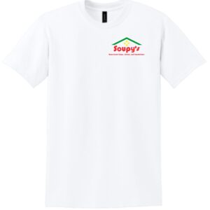 White t-shirt with Soupy's logo.