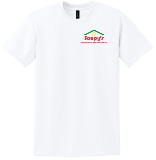 White t-shirt with Soupy's logo.