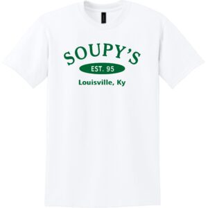 White t-shirt with Soupy's logo.