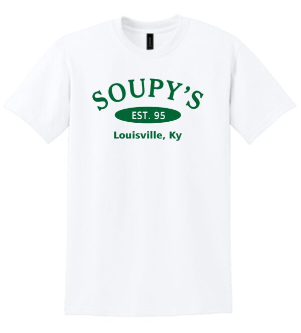 White t-shirt with Soupy's logo.