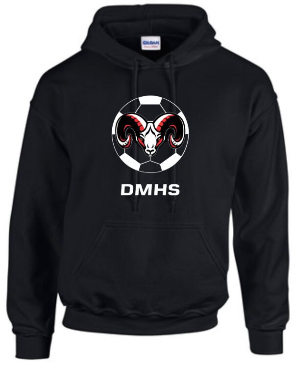 Black hoodie with soccer ball and ram logo.