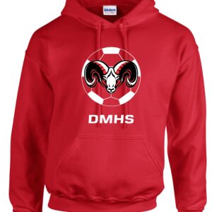 Red hoodie with ram and soccer ball logo.