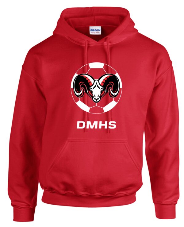 Red hoodie with ram and soccer ball logo.