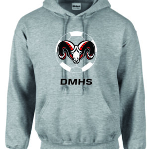 Grey hoodie with ram and soccer ball logo.