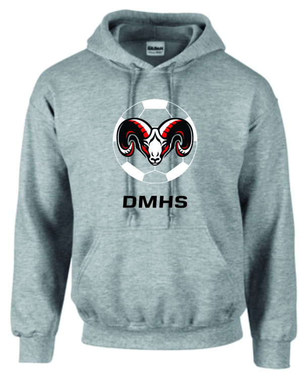 Grey hoodie with ram and soccer ball logo.