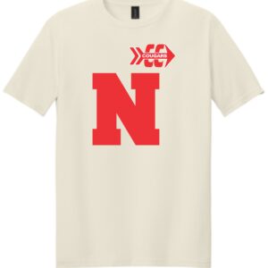 White t-shirt with red letter N and logo.