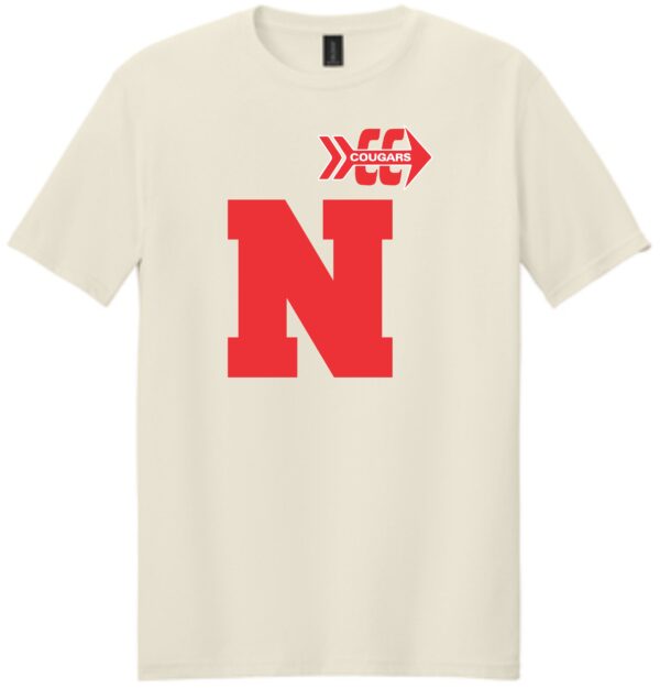 White t-shirt with red letter N and logo.