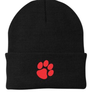 Black knit beanie with red paw print.