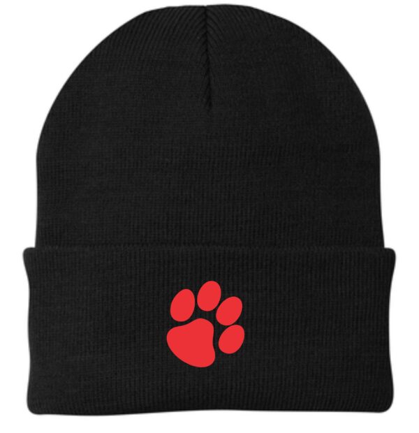 Black knit beanie with red paw print.