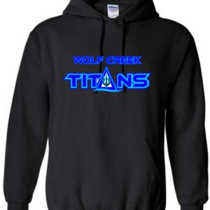 Black hoodie with Wolf Creek Titans logo.