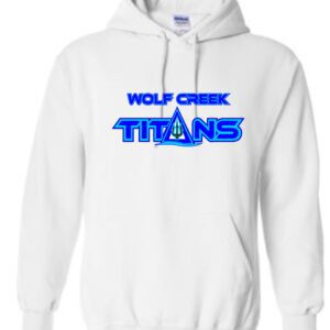 White hoodie with Wolf Creek Titans logo.