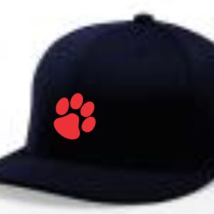 Black baseball cap with red paw print.