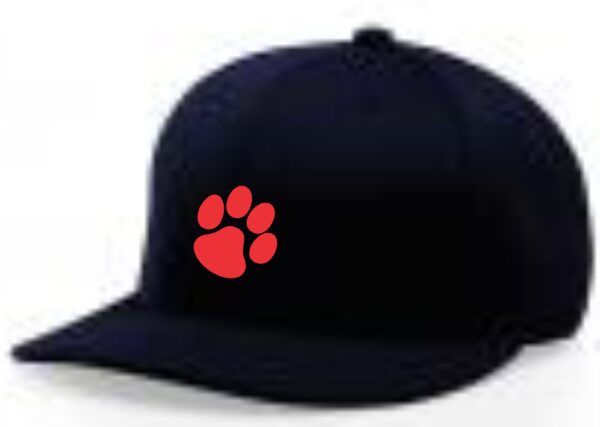 Black baseball cap with red paw print.