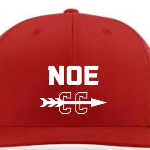 Red baseball cap with "NOE" and arrow logo.