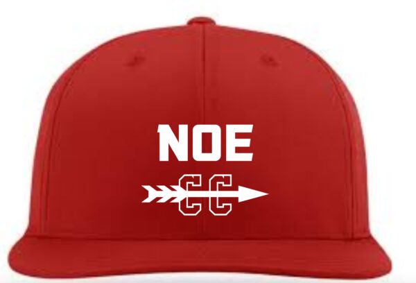 Red baseball cap with "NOE" and arrow logo.