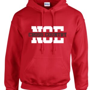 Red hoodie with "NO" cross country text.