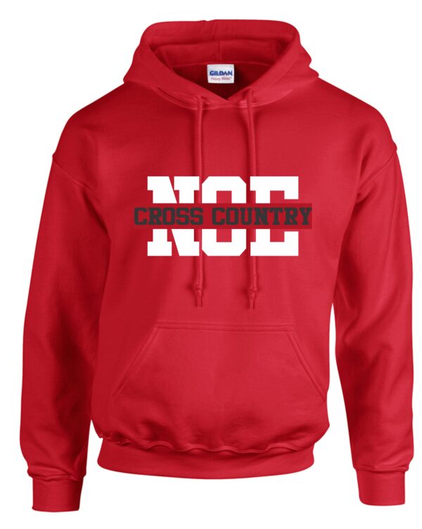 Red hoodie with "NO" cross country text.