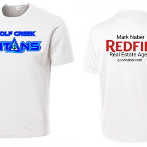 White t-shirt with Wolf Creek Titans logo.