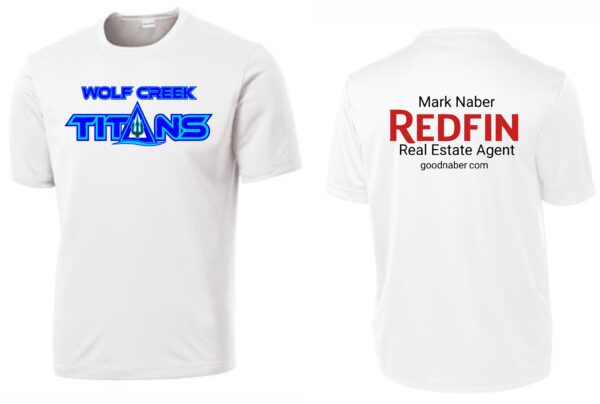 White t-shirt with Wolf Creek Titans logo.