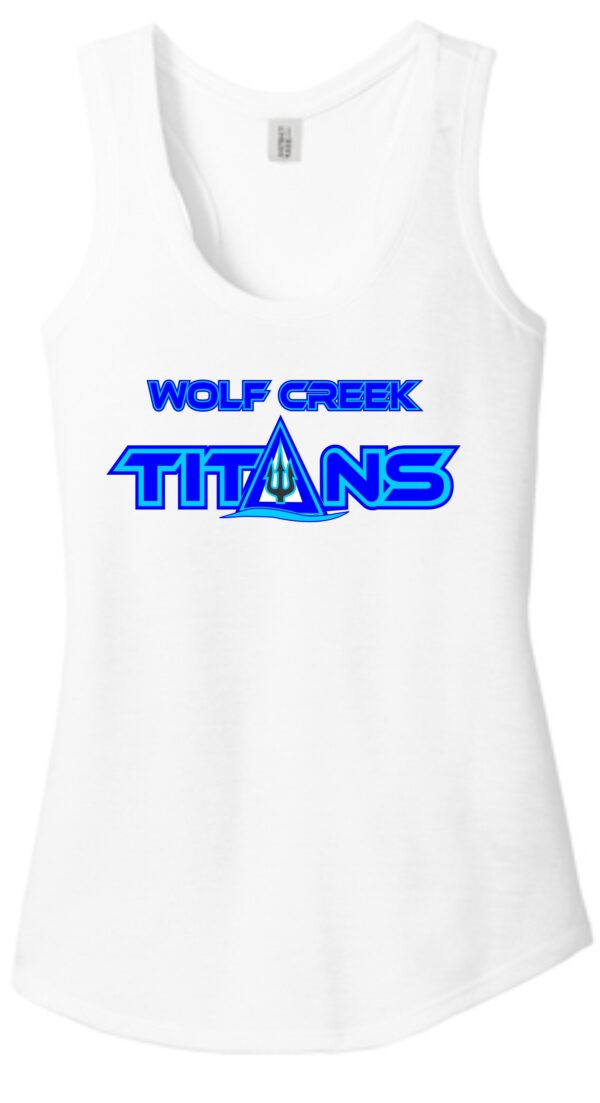 White tank top with Wolf Creek Titans logo.