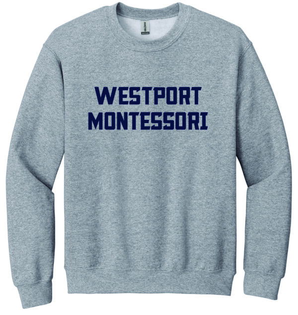 Gray Westport Montessori sweatshirt.